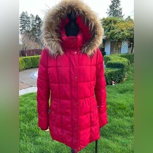 Tommy Hilfiger Women's Red Puffer Coat with Faux Fur Hood